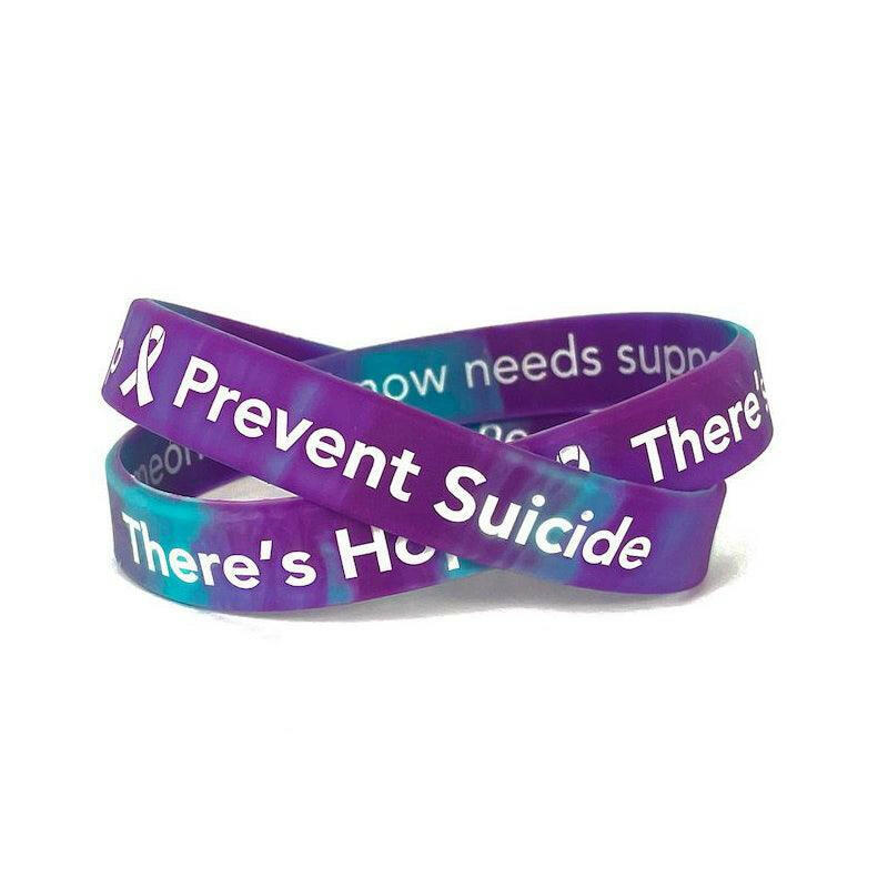 Suicide Prevention Awareness Wristband There's Hope There's Help Call or Text 988 Purple Turquoise - Adult 8" White Fill - Support Store