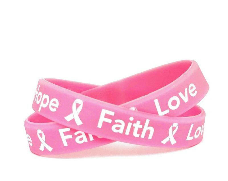 Breast Cancer Awareness "Hope Faith Love" Pink Rubber Bracelet Wristband White Letters- Adult 8" - Support Store
