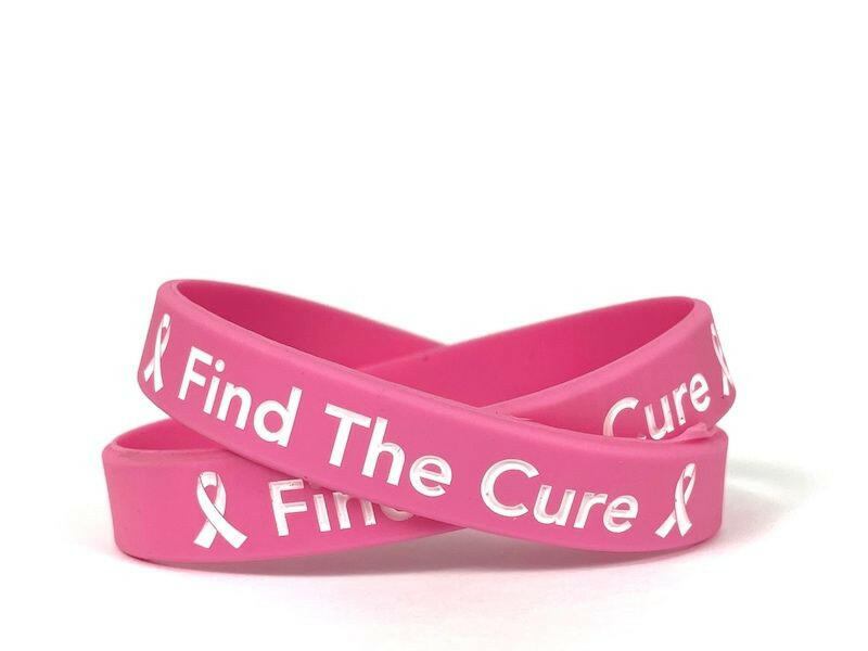 Find the Cure Pink Rubber Bracelet Wristband White Letters- Adult 8" - Support Store