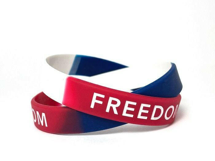 FREEDOM White Letters Rubber Bracelet Wristband – Red, White & Blue – Adult 8" - Support Store