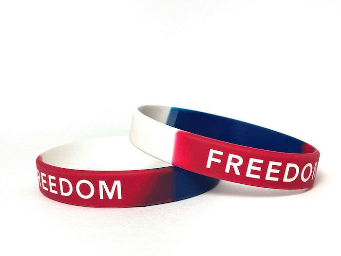 FREEDOM White Letters Rubber Bracelet Wristband – Red, White & Blue – Adult 8" - Support Store