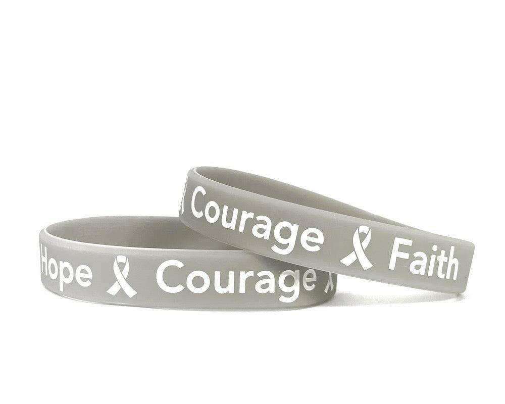 Hope Courage Faith Grey Rubber Bracelet Wristband - Adult 8" White Fill - Support Store