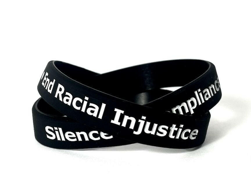 Silence is Compliance End Racial Injustice Black Rubber Bracelet Wristband White Letters - Adult 8" - Support Store