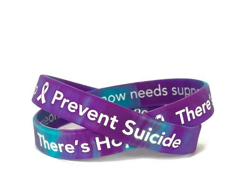 Suicide Prevention Awareness Wristband There's Hope There's Help Call or Text 988 Purple Turquoise - Adult 8" White Fill - Support Store