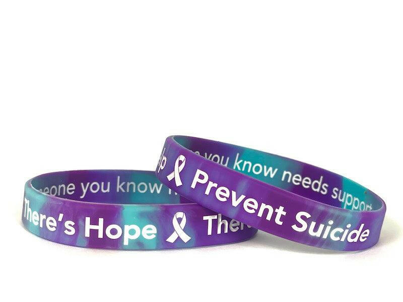 Suicide Prevention Awareness Wristband There's Hope There's Help Call or Text 988 Purple Turquoise - Adult 8" White Fill - Support Store