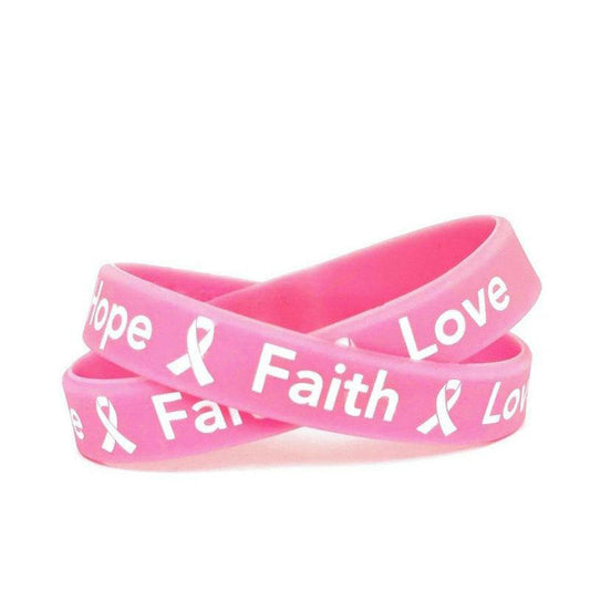 Breast Cancer Awareness "Hope Faith Love" Pink Rubber Bracelet Wristband White Letters- Adult 8" - Support Store