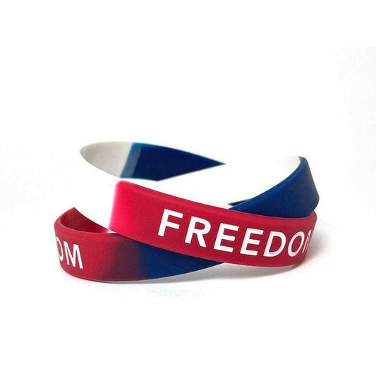 FREEDOM White Letters Rubber Bracelet Wristband – Red, White & Blue – Adult 8" - Support Store