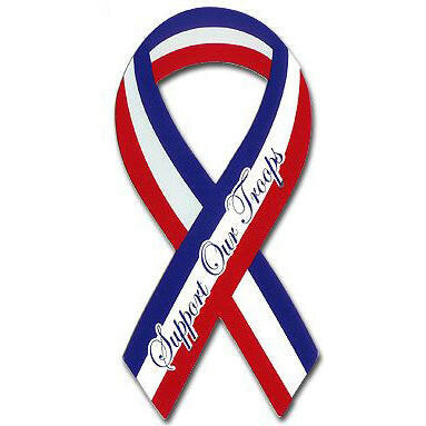 Support Our Troops Ribbon Car Magnet - Script Font - Red, White and Blue - Support Store