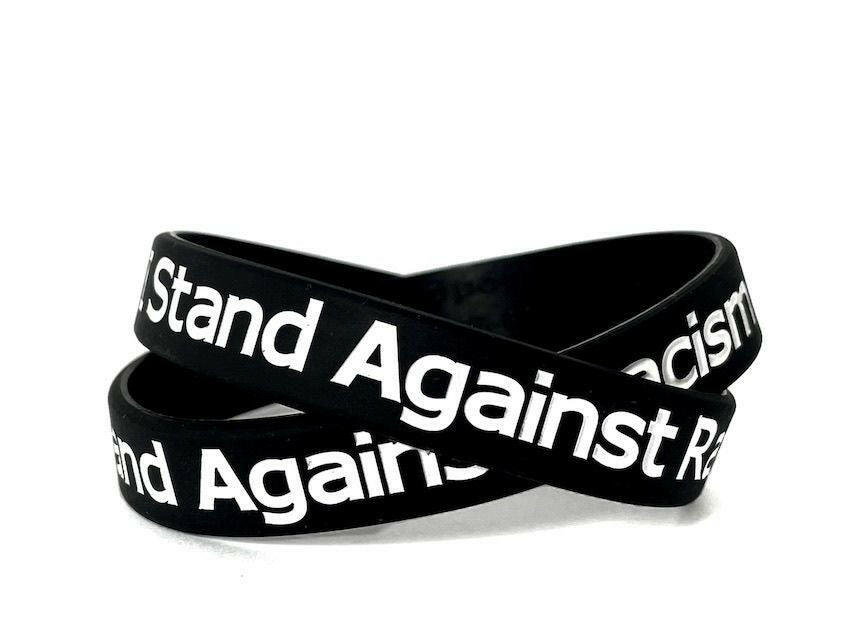 I Stand Against Racism Black Rubber Bracelet Wristband With White Letters - Adult 8" - Support Store