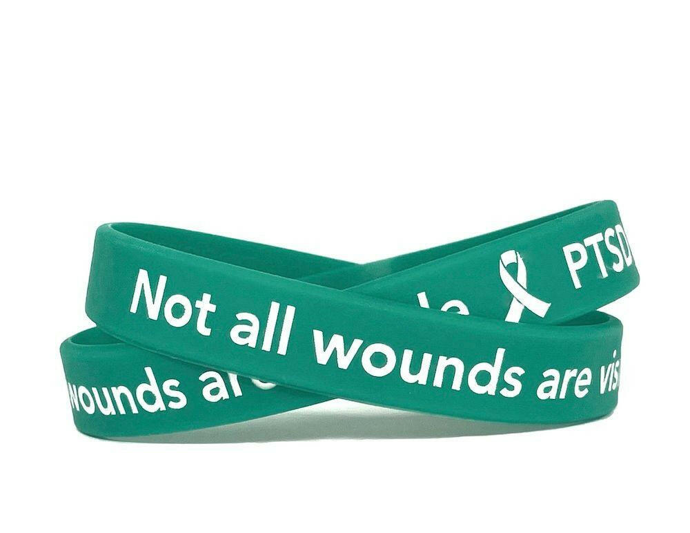 Not all wounds are visible PTSD Awareness Teal Wristband White Letters Adult 8" - Support Store